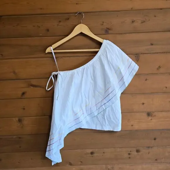 Central Park West Blouse Asymmetrical One Shoulder Top Small Rainbow Beach Prep - Picture 2 of 7